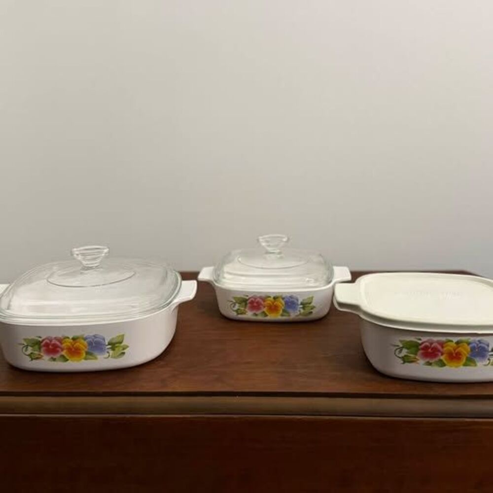 CorningWare Pansy Casserole Dish Set~3 piece set with lids